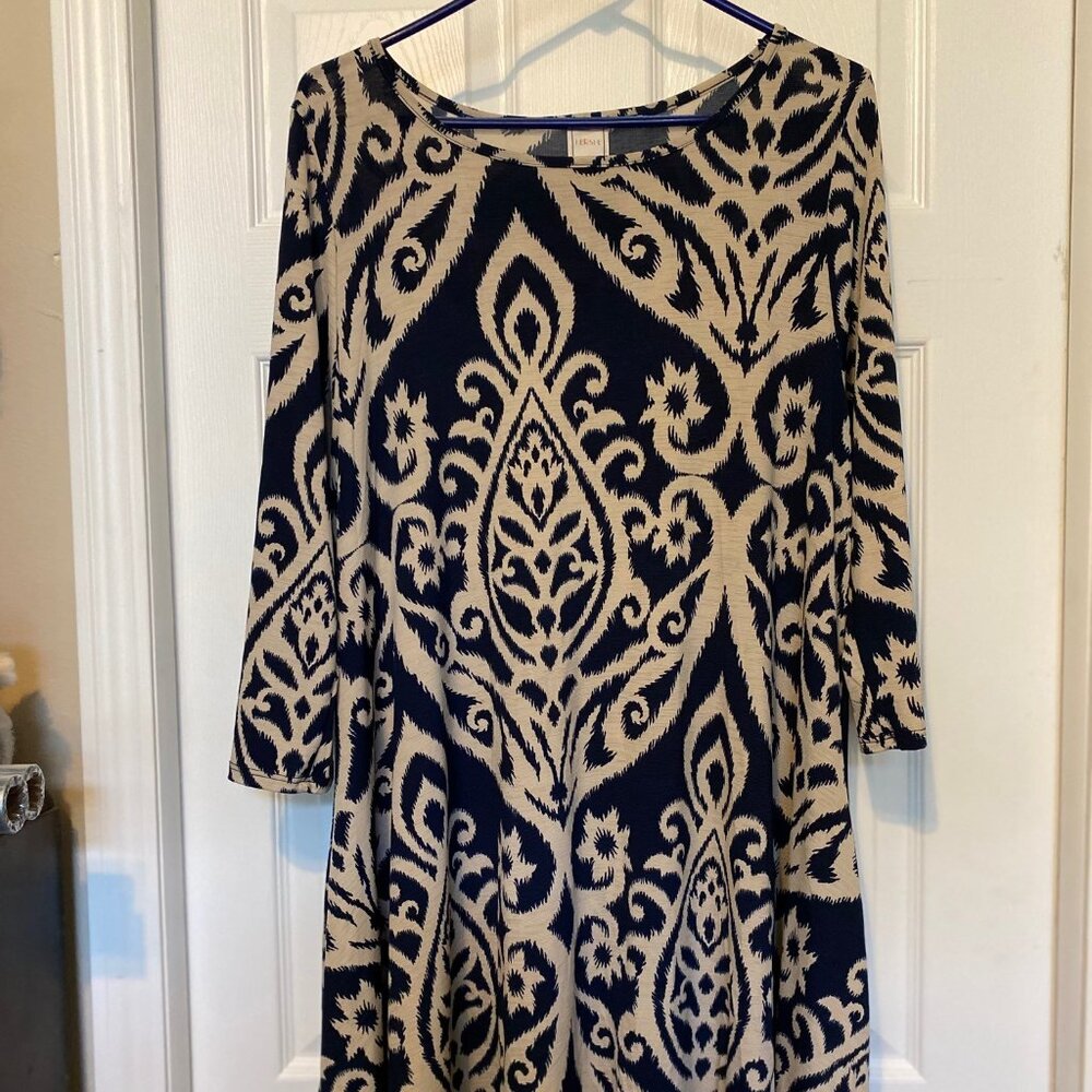 HERSHE - Cream and Blue A-Line Fun and Flirty Dress (XL)